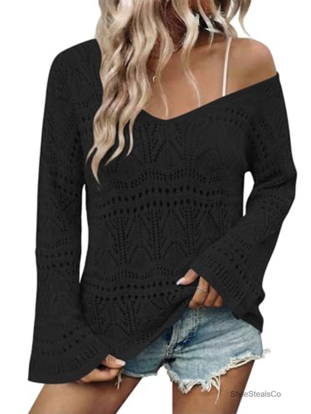 Crochet Off Shoulder Boho Sweater Top Bell Sleeve Peasant Vacation